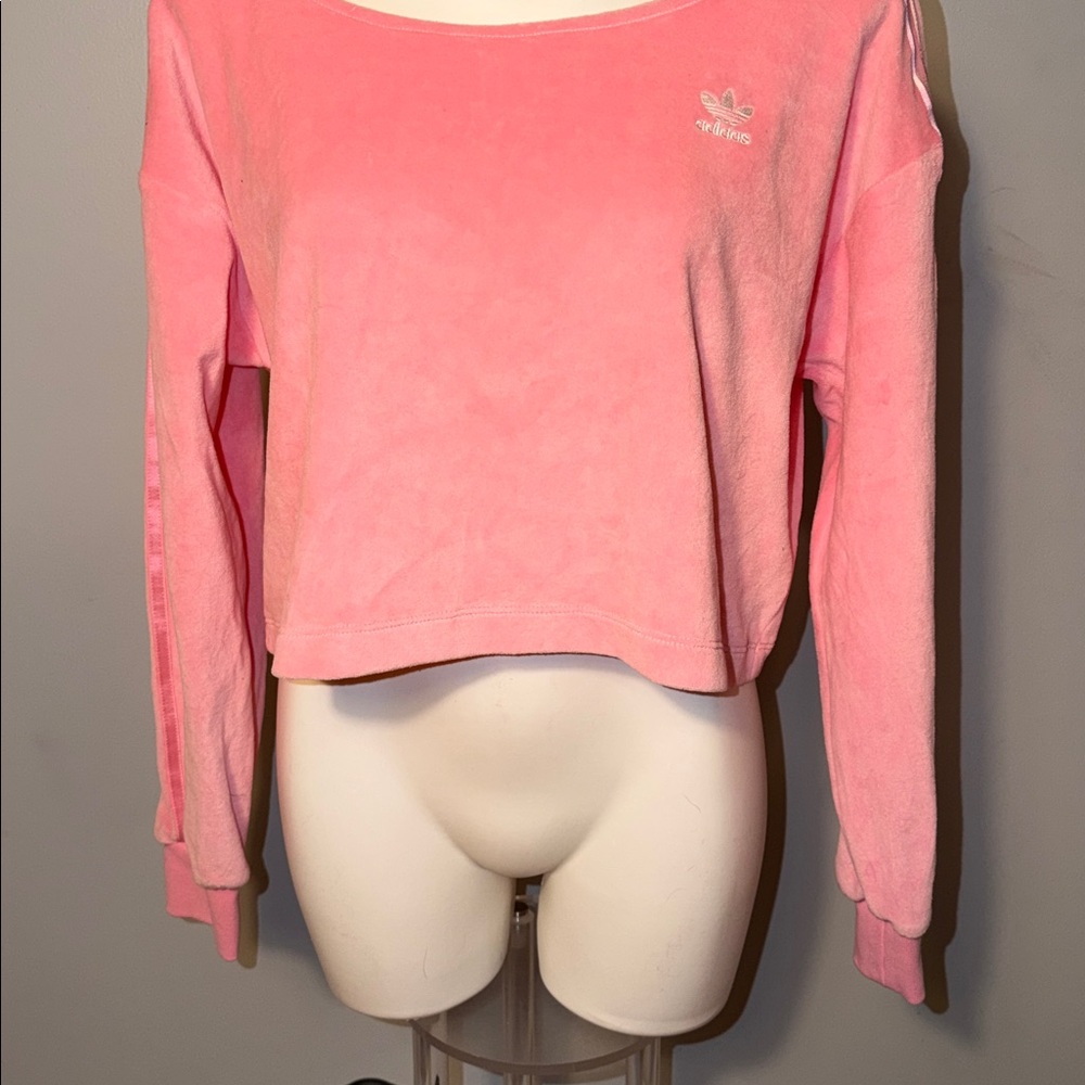 adidas Ladies Relaxed Risqué velour off the shoulder sweatshirt-Vibrant pink - Picture 4 of 14